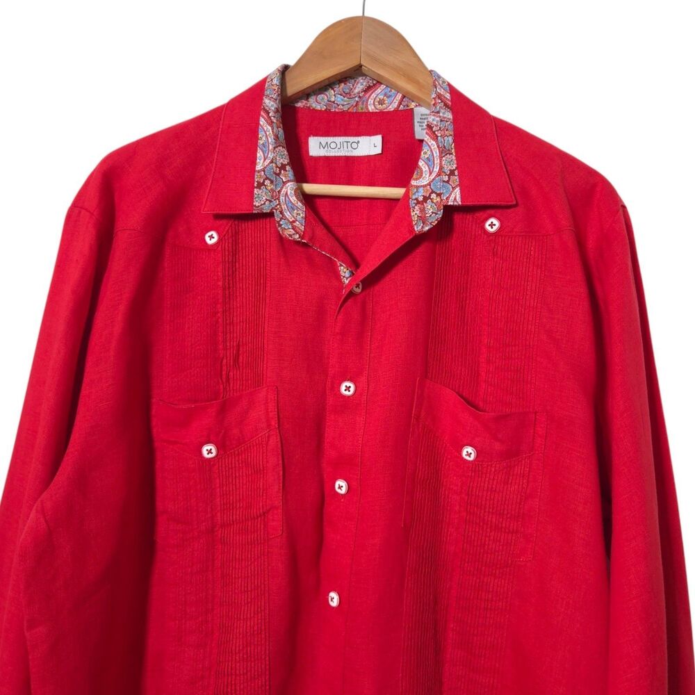 Mojito Collection Mens L Red Guayabera Shirt Linen Contrast Collar Long Sleeve